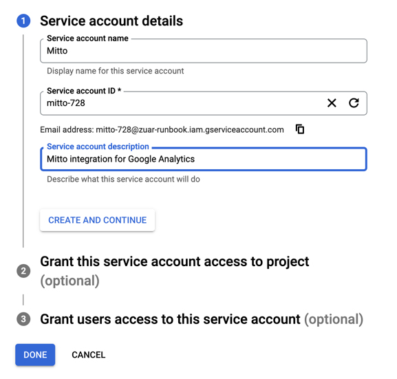 Service Account details screen