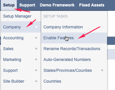 NetSuite's Enable Features menu selection