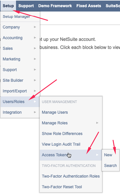 NetSuite's New Access Token menu