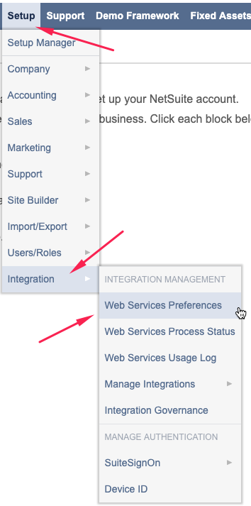 NetSuite's Web Services Preferences menu