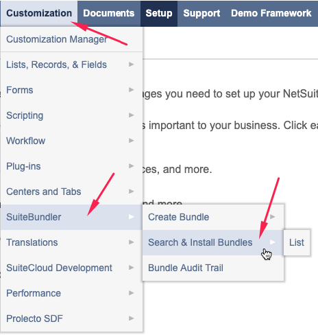 NetSuite's Bundles menu