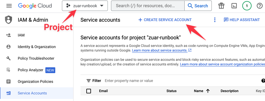 Google IAM & Admin's Service Accounts page